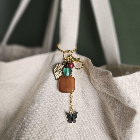 Brown Stone Beaded Keychain with Gold Leaf and Black Butterfly Charms - Picture 4 of 7